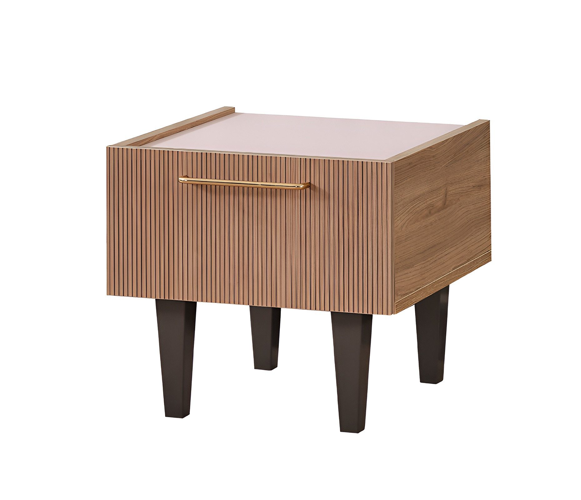 Möbel-Zeit Nachttisch ALICE – Warme Holzoptik – Mit verzierter Front & goldenem Design-Griff
