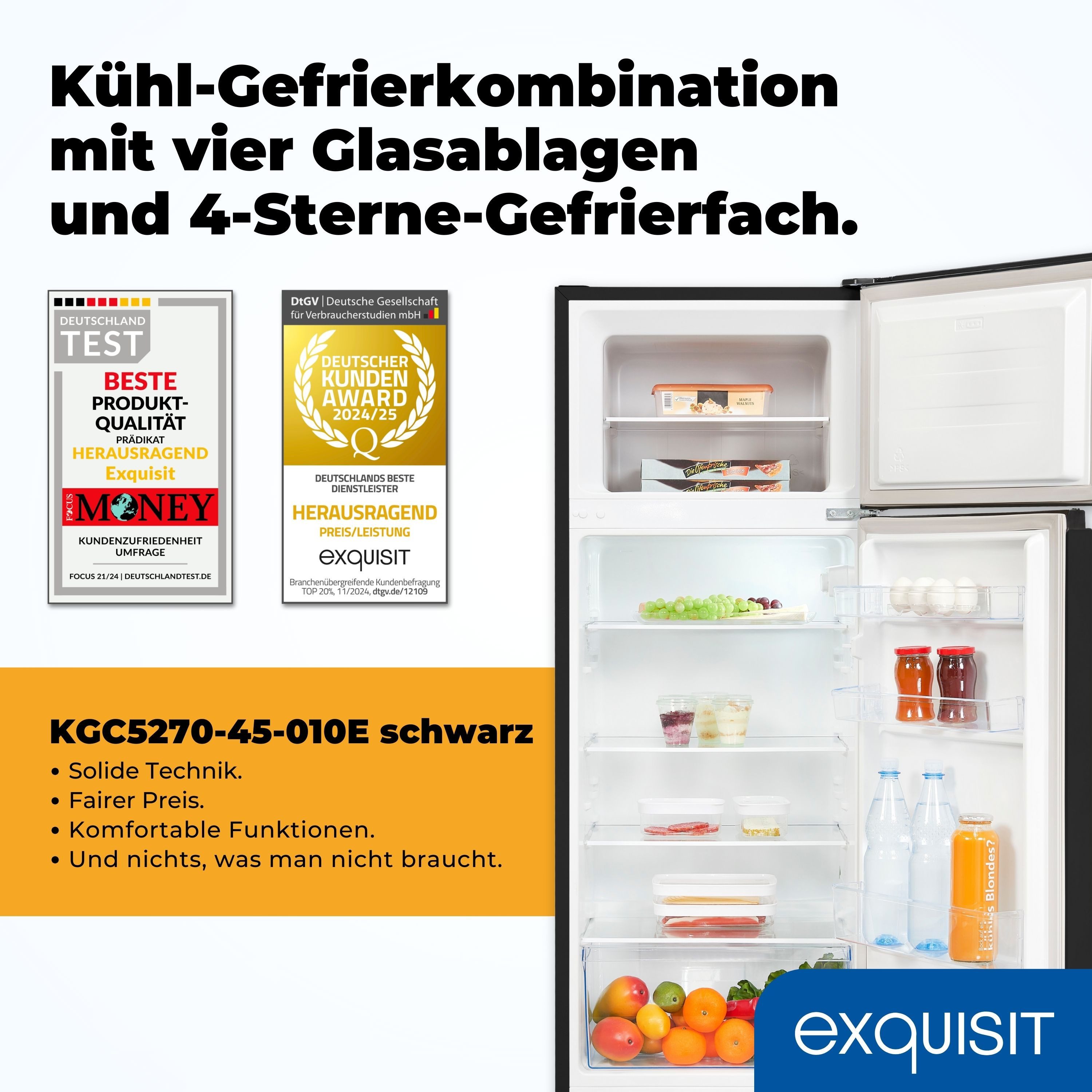 exquisit Kühl-/Gefrierkombination KGC5270-45-010E, 143.5 cm hoch, 55 cm breit, 4-Sterne-Gefrieren, Türanschlag wechselbar, LED-Innenbeleuchtung