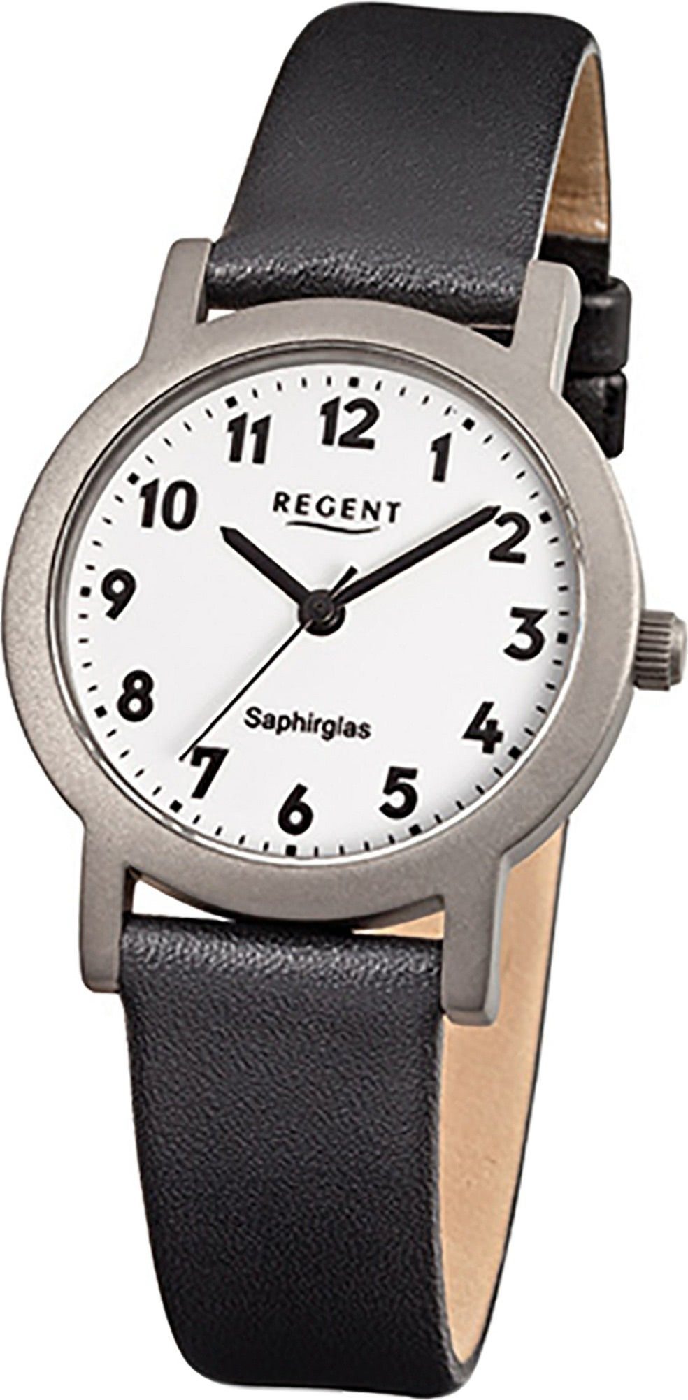 Regent Quarzuhr Regent Leder Damen Uhr F-663 Quarzuhr, Damenuhr Lederarmband schwarz, rundes Gehäuse, klein (ca. 28mm)