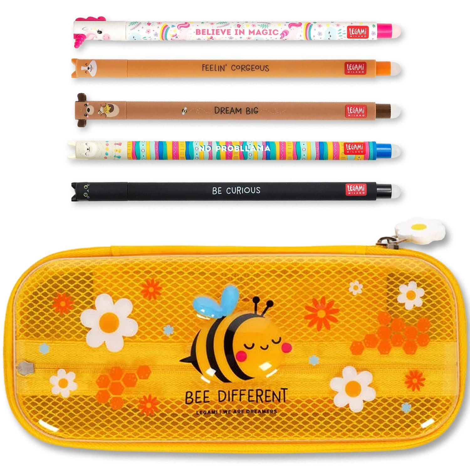 Legami Federmäppchen Federmäppchen mit 2 Fächern und radierbarem Stiftset, 5 Stifte, Thermosensitive Tinte, niedliche Tiermotive, Bienen-Design