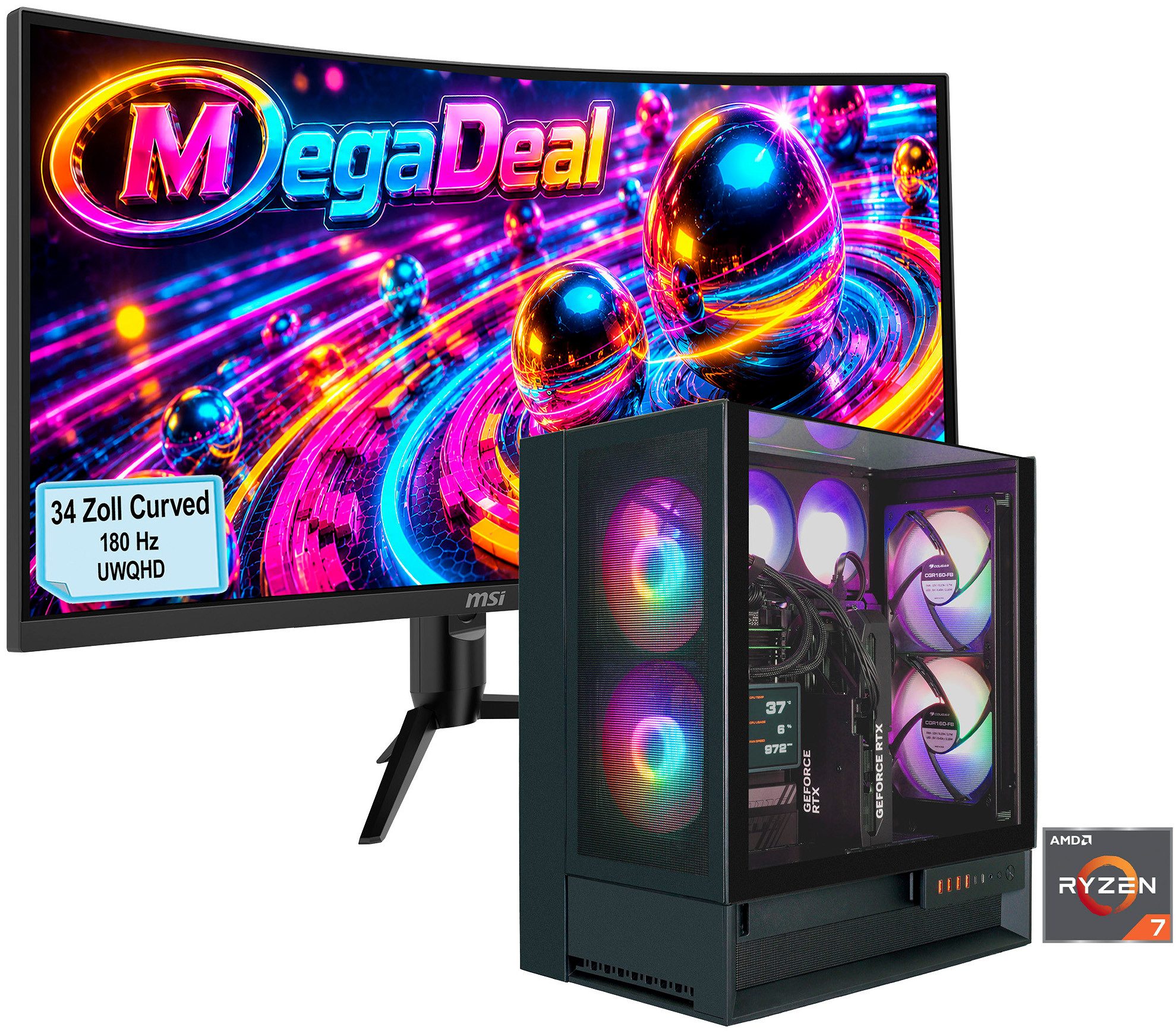 Cougar MegaDeal OmnyX BK 2851 AMD Ryzen 7 9700X 32GB DDR5 2TB SSD RTX 5070Ti Gaming-PC-Komplettsystem (34", AMD Ryzen 7 9700X, RTX 5070 Ti, 32 GB RAM, 2000 GB SSD, Windows 11, DDR5 RAM + MSI MAG 342CQR E2 Curved Monitor 86cm (34)