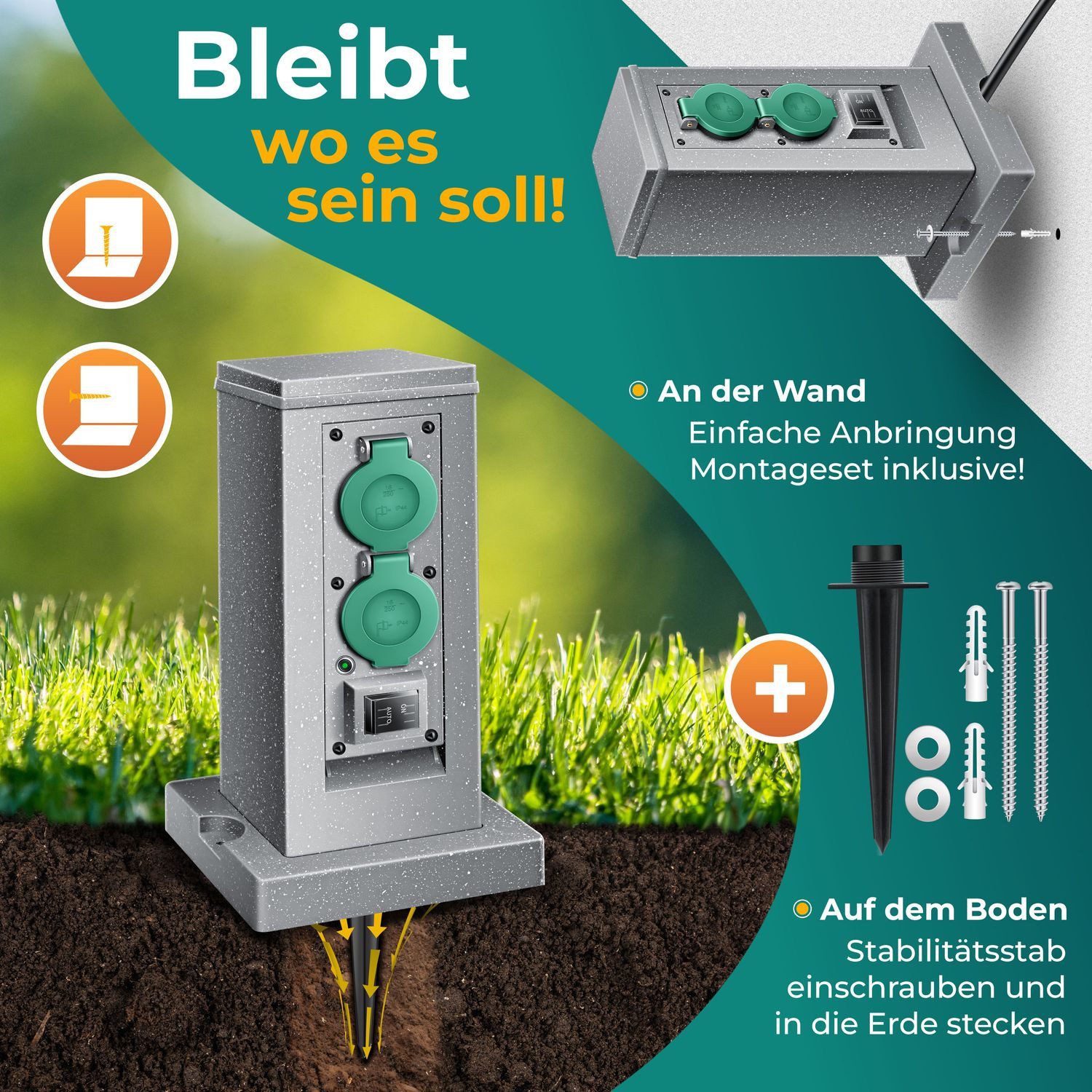 KESSER Gartensteckdose, Gartensteckdose Steinoptik mit Steckplätzen Inkl.Erdspieß