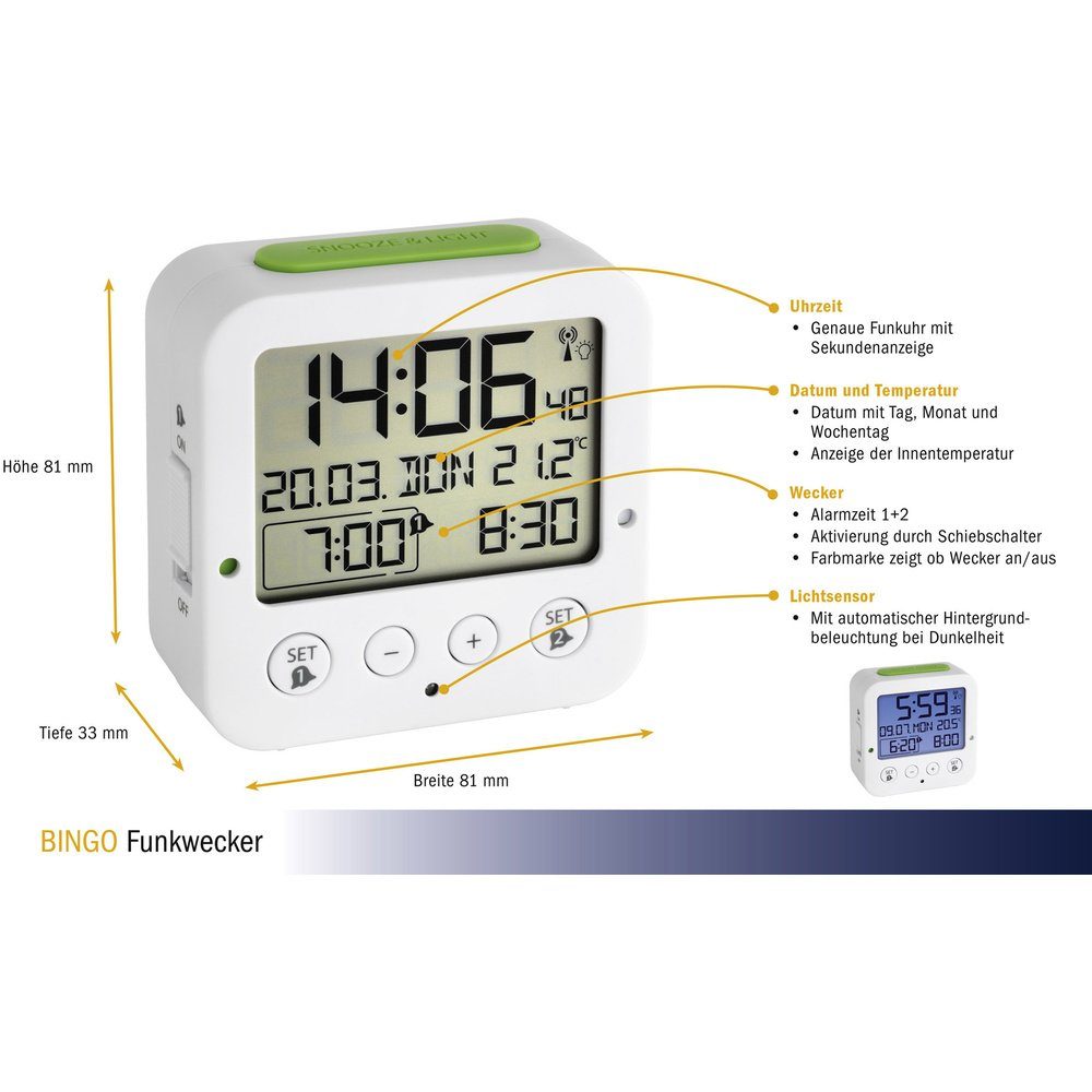 TFA Dostmann Wecker TFA Dostmann 60.2528.02 Funk Wecker Weiß, Grün Alarmzeiten 2