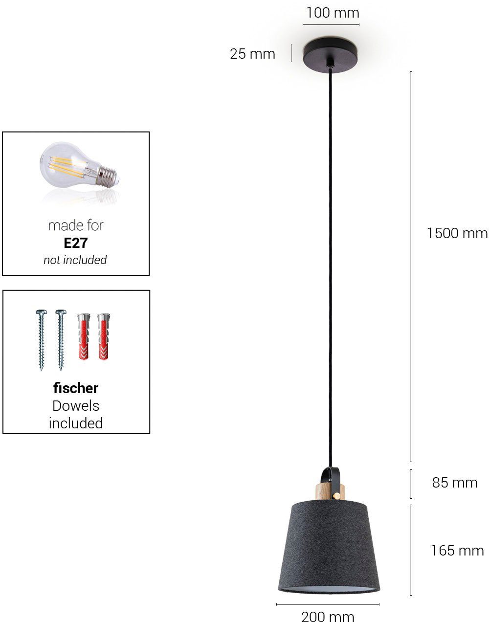 Paco Home Pendelleuchte grau Industrial Esszimmer Leuchtmittel, Kabel E27 Design ohne Stoffschirm schwarz Wohnzimmer 1,5m MARTA