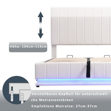 OKWISH Polsterbett Doppelbett (140 x 200 cm mit LED, Metalllattenrost & Bettkasten), mit höheverstellbarem Polsterkopfteil & hydraulischem Stauraum