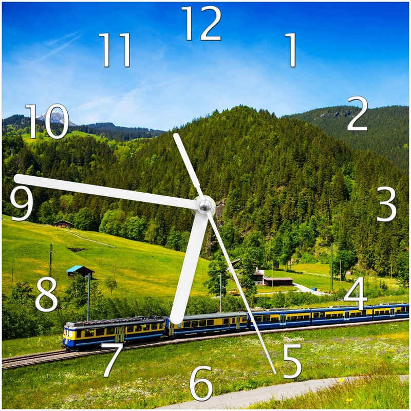 Wallario Wanduhr Eisenbahn in einer Sommerlandschaft in der Schweiz (Glasuhr)