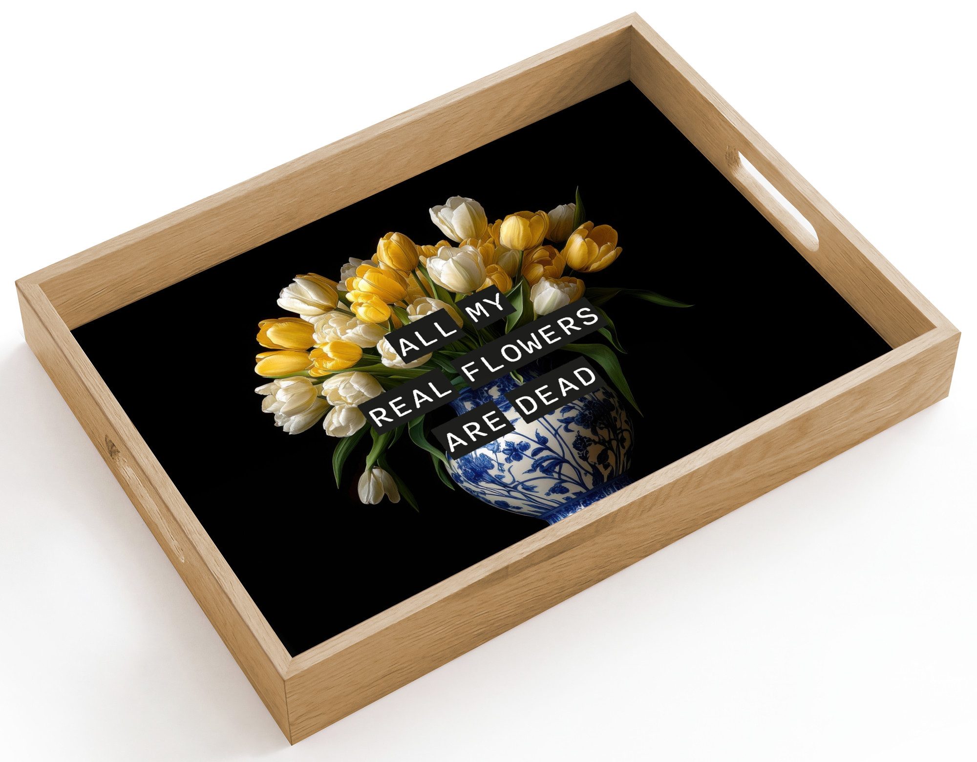 OnlyWow Tablett Rechteckig mit Henkel Zitate - Blume - Tulpe - Gelb, Eichenholz, (1-tlg), Siervierplatte, Tray, Frühstücksbrett