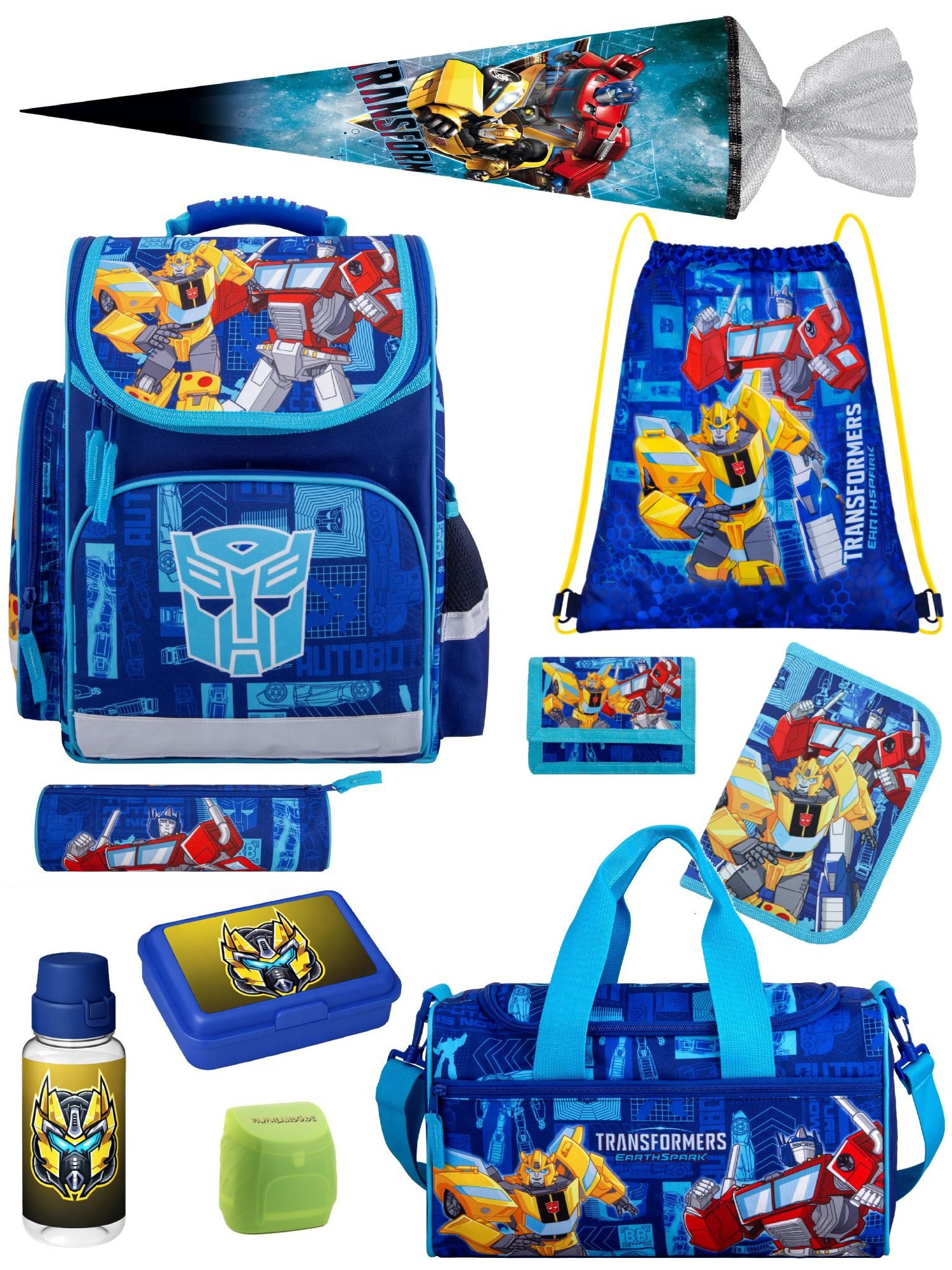 Familando Schulranzen Transformers 1.-4. Klasse ergonomisch, leicht, Volumen 15 Liter (Set, 10-tlg., inkl. Sporttasche und Schultüte / Zuckertüte 85cm), Transformers Bumblebee & Optimus Prime Motiv