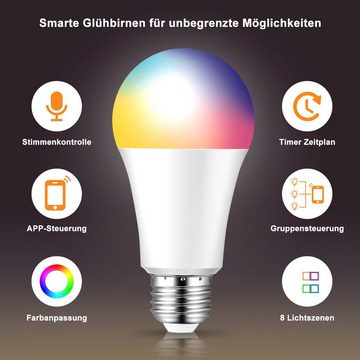 LETGOSPT Smart Lampe, alexa lampe E27, Energie sparen, Mehrfarbrige dimmbare Smarte Lampe, dimmbare smarte WLAN Glühbirne mit Alexa Echo, Google Home