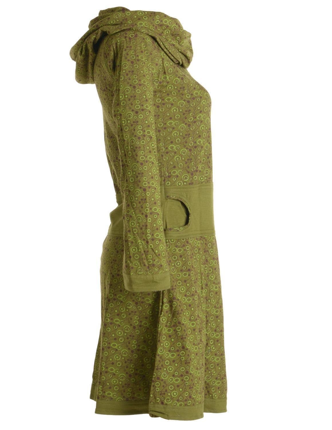 Vishes Jerseykleid Bedrucktes mit Hippie Boho, aus Style Baumwolle Goa, Schalkragen Kleid Ethno, olive