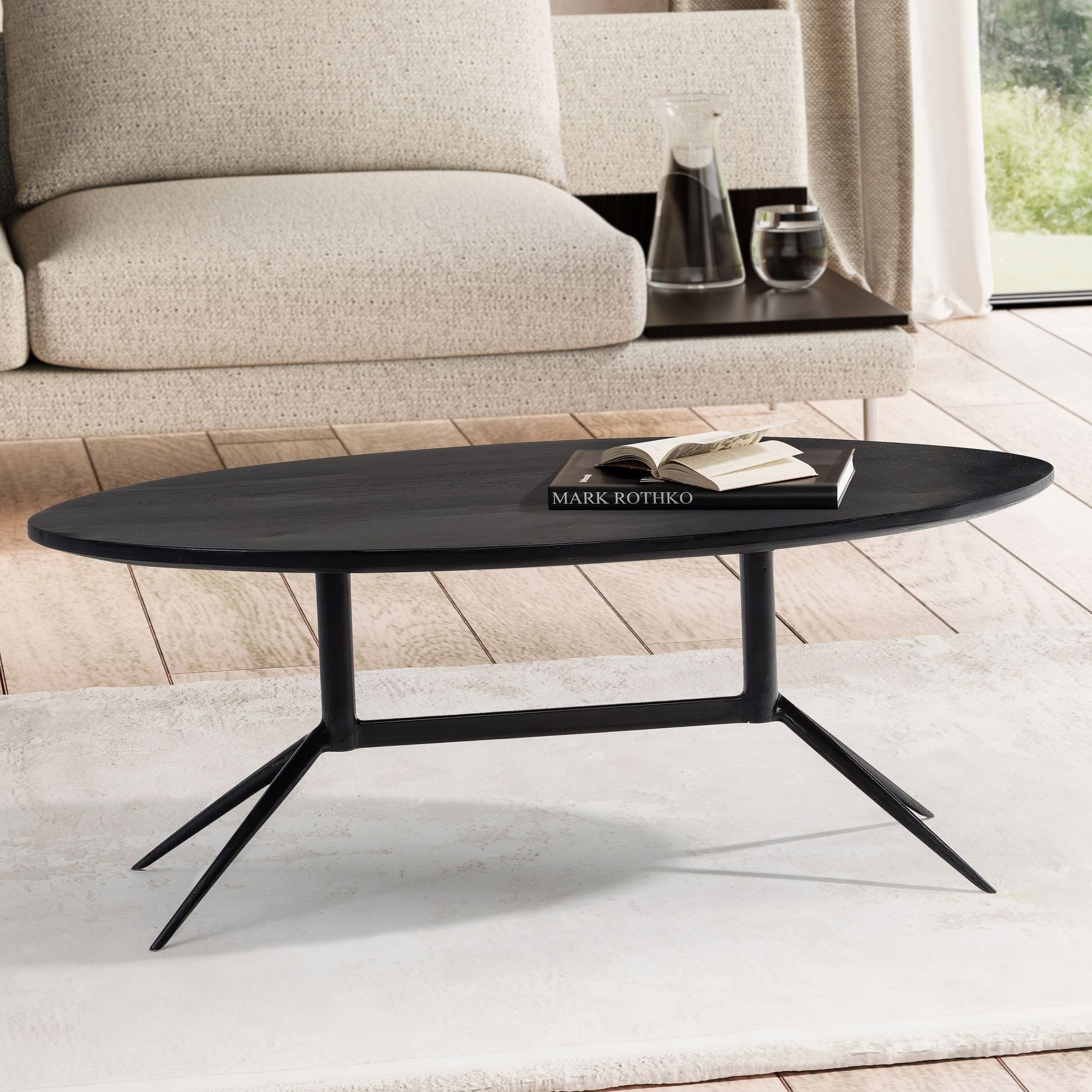 Wohnling Couchtisch WL6.845 Wohnzimmertisch Massivholz 90 cm Sofatisch Tisch Oval Moder (Sofatisch Mango Massivholz Schwarz, 90x50x35 cm), Wohnzimmertisch Kaffeetisch mit Metall-Gestell