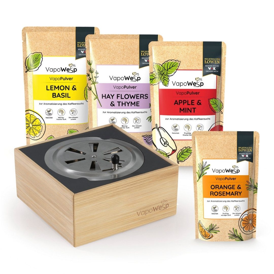 VapoWesp Räucherbox Räucherbox gegen Wespen und Mücken, Starter-Set oder Komplett-Set (6-tlg) Aromatisierter Kaffeerauch vertreibt Insekten auf natürliche Art