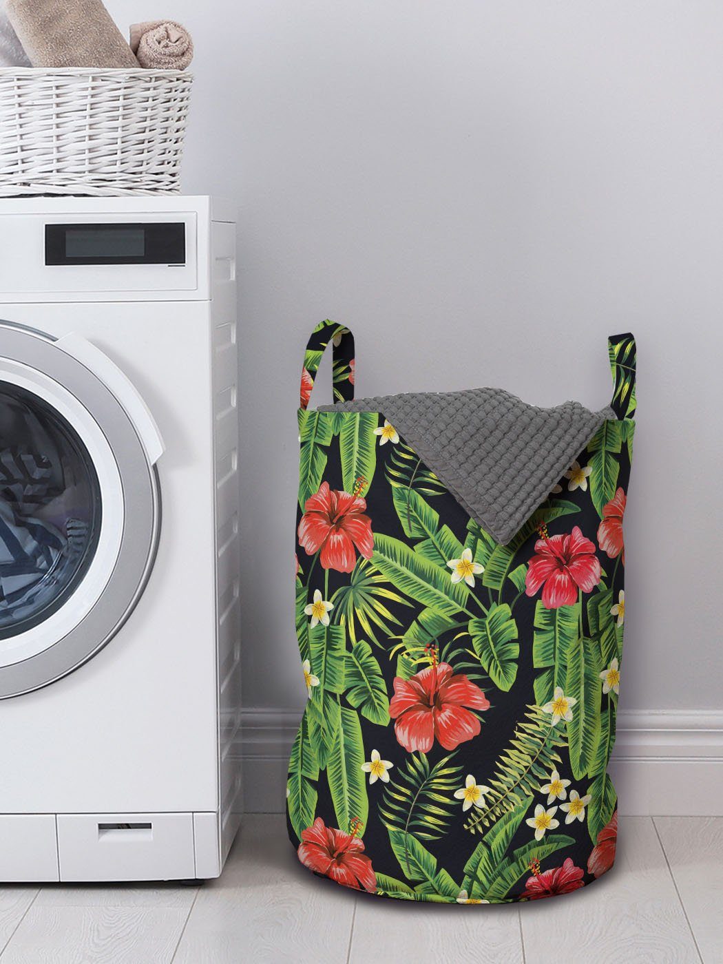 Wäschekorb Tropisch Griffen mit Waschsalons, für Wäschesäckchen Abakuhaus Weinlese-Sommer-Muster Kordelzugverschluss