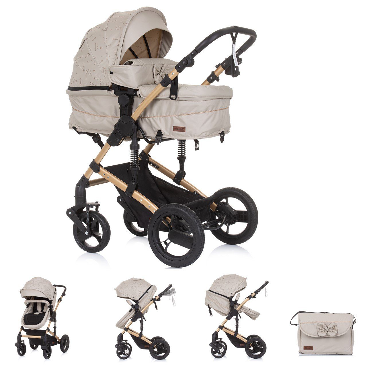 Chipolino Kombi-Kinderwagen Kinderwagen Camea 2 Moskitonetz, hellbraun in Getränkehalter Wickeltasche, 1