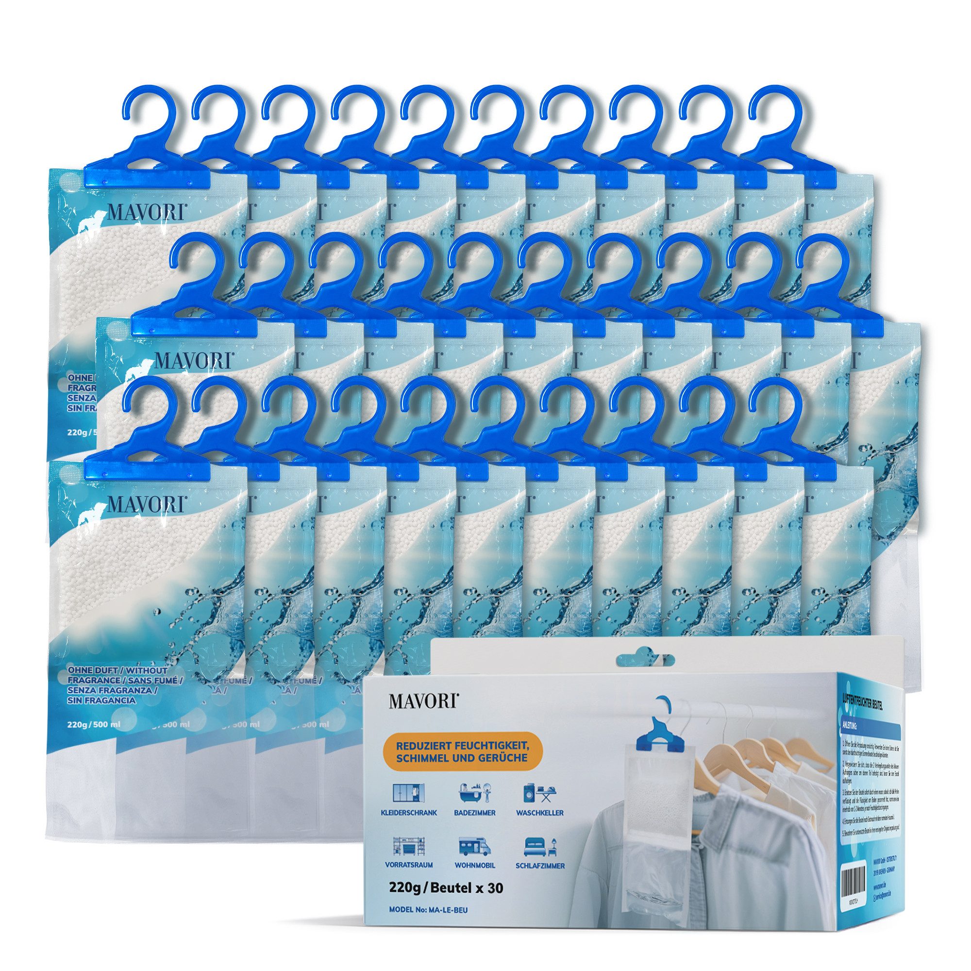 MAVORI Granulat-Luftentfeuchter, Luftentfeuchter für Schränke und Räume, im 5er - 30er Set, XL Luftentfeuchterbeutel zum Aufhängen mit 500 ml Fassungsvermögen