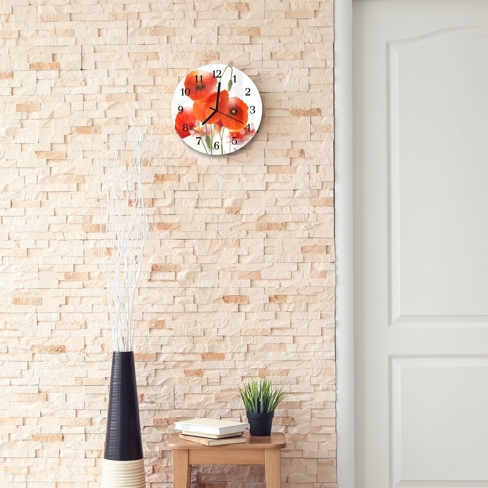 Quarzuhrwerk Motiv aus Glas Digitale mit cm Wanduhr mit und Rund - 30 Primedeco Blumen Durchmesser Wanduhr