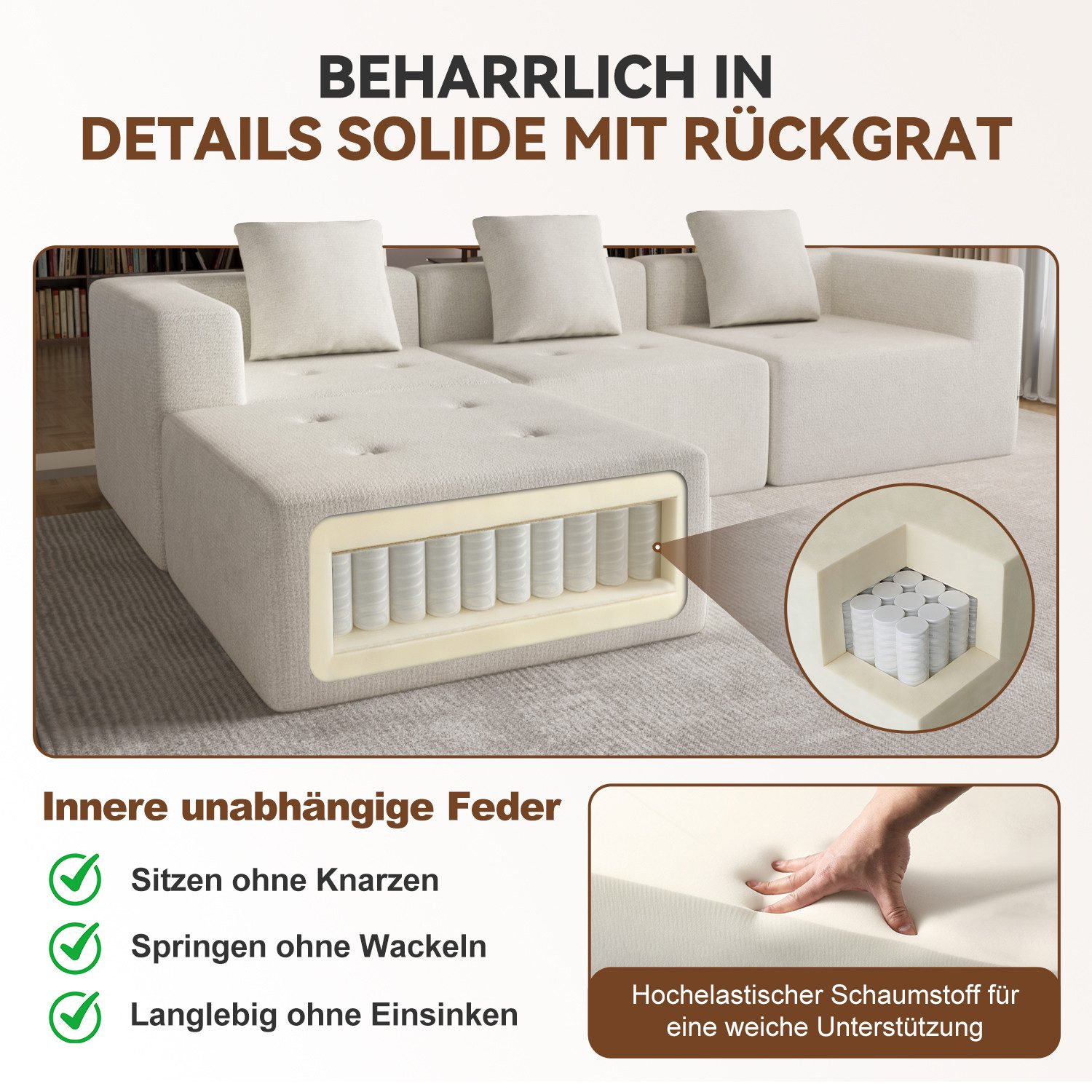 Lexzurn Ecksofa Sofa mit Federkern Widersteht dem Durchsitzen, B: 258.5cm Schlafsofa, mit großer Chaiselongue & 3 Zierkissen, Chenille-Struktur keine Montage erforderlich