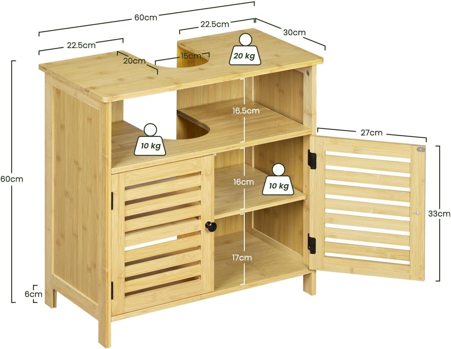 EUGAD Waschbeckenunterschrank (1-St) mit Lamellentüren, Badezimmerschrank aus Bambus