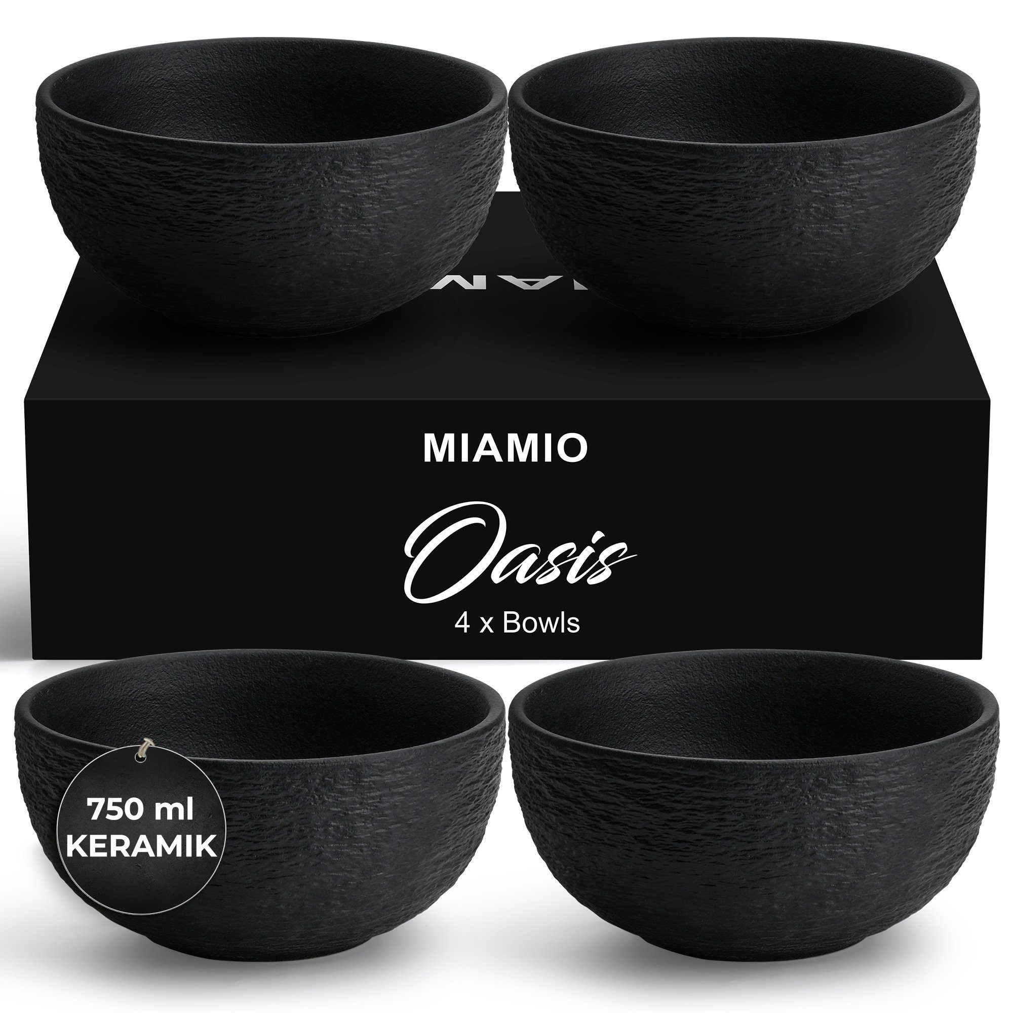 MiaMio Müslischale Oasis Schieferoptik, Schwarz, Keramik, (Set, 4-tlg), 750 ml, Ø 15 cm, 7 cm hoch