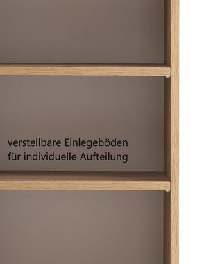 möbelando Seitenschrank Oulu Moderner Seitenschrank, Korpus aus melaminharzbeschichteter Spanplatte in Wotaneiche, Front aus Glas in Weiß, mit 2 Türen, 1 Schubkasten sowie 4 Einlegeböden, Breite 40 cm, Höhe 180 cm, Tiefe 35 cm