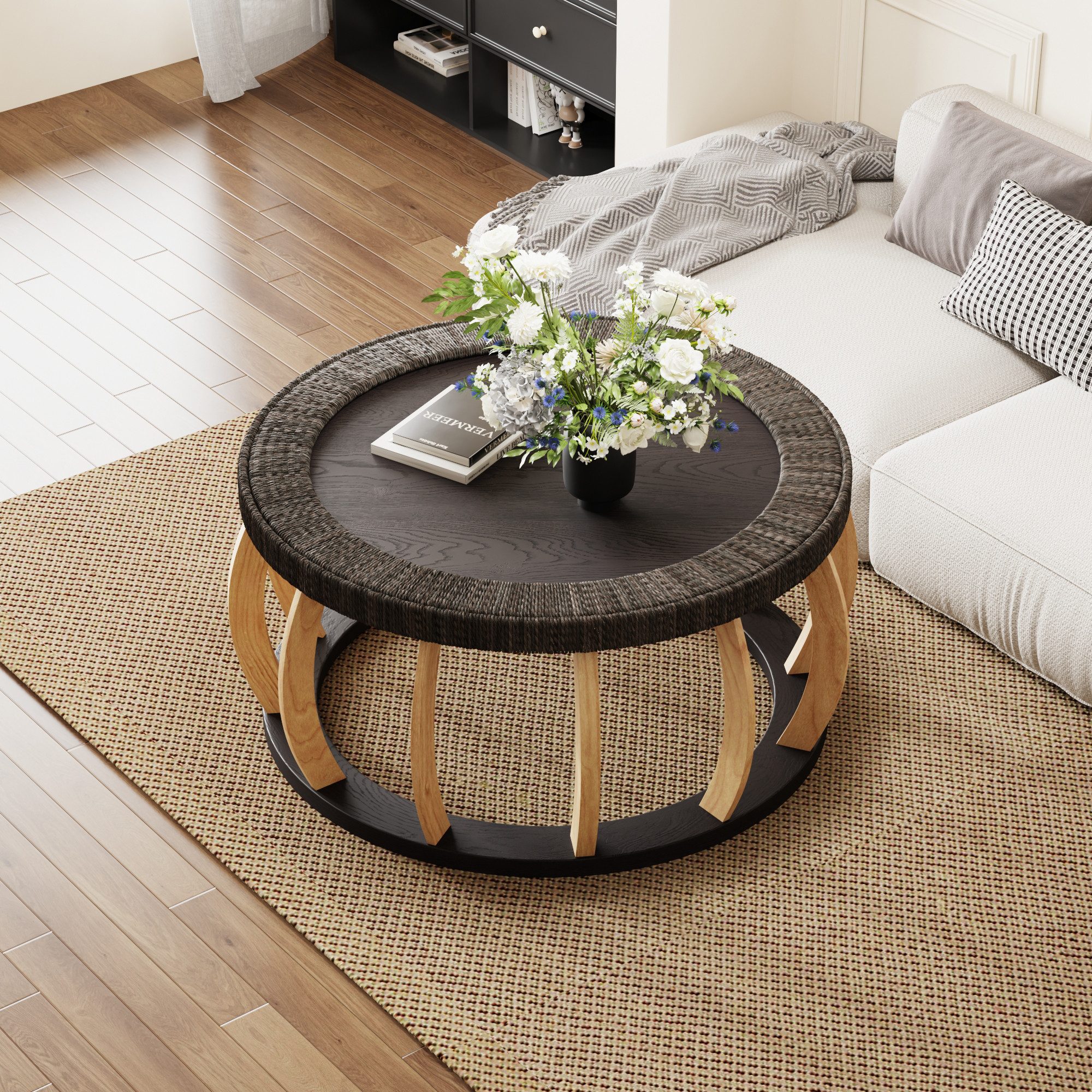Celya Couchtisch Runder Couchtisch aus Massivholz mit geschwungenen Beinen Rund 90 cm (Rattan Wohnzimmertisch,im Bohème-Stil,50 kg Tragfähigkeit), Beistelltisch – Bild 4 von 5
