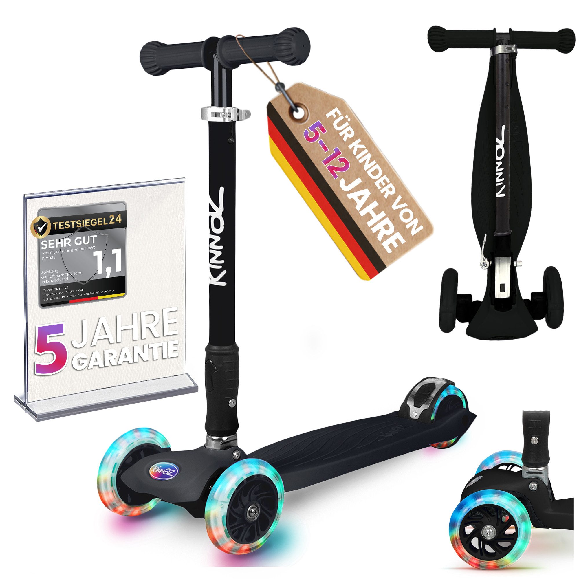 KINNAZ Dreiradscooter ab 5 Jahre, LED Räder, Höhe flexibel, faltbar, Roller Scooter Garantie, (Kinderroller, Kinnaz Two), faltbar, höhenverstellbar, LED Räder, Ersatzteilservice, aus Hamburg