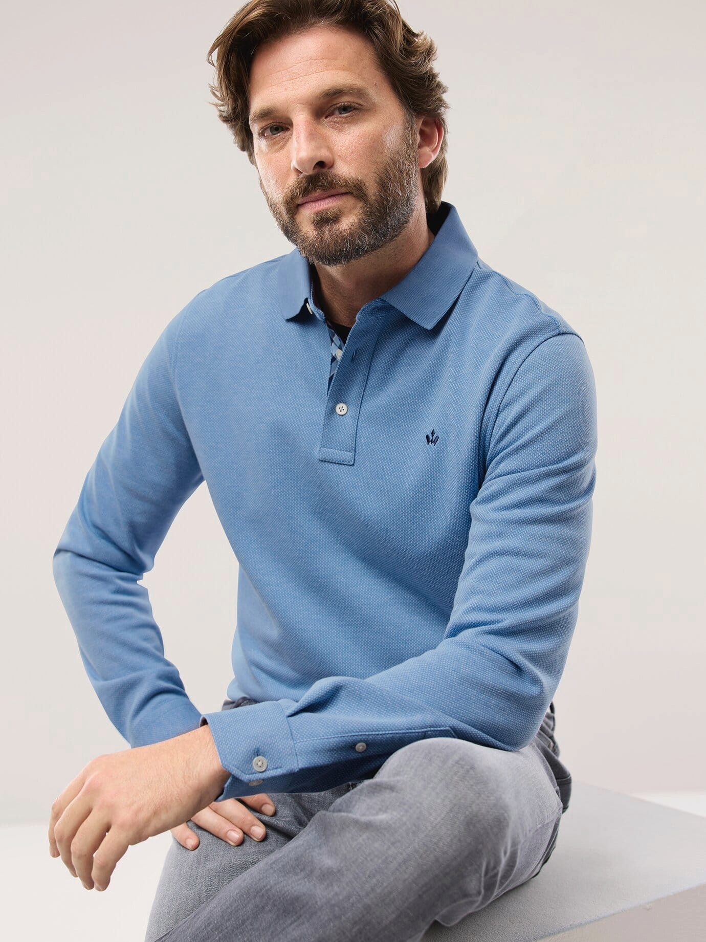 Walbusch Poloshirt Herren Jacquard Langarmpolo Flachstrickkragen, bügelfrei