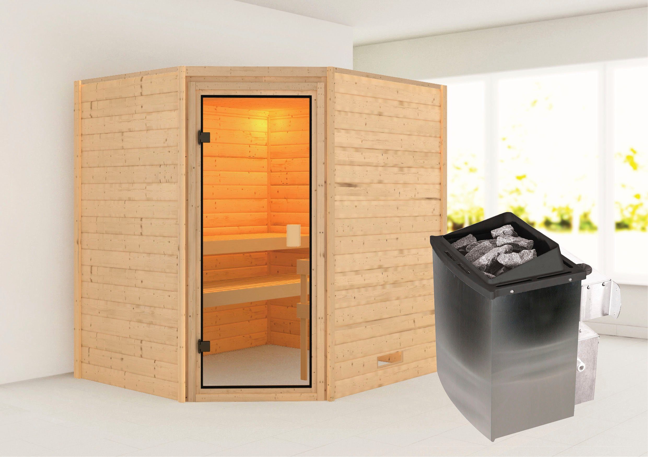Karibu Sauna Mia (Fronteinstieg), BxTxH: 1960 x 1700 x 1980 cm, 38 mm, Ofen 9 kW integr. Strg