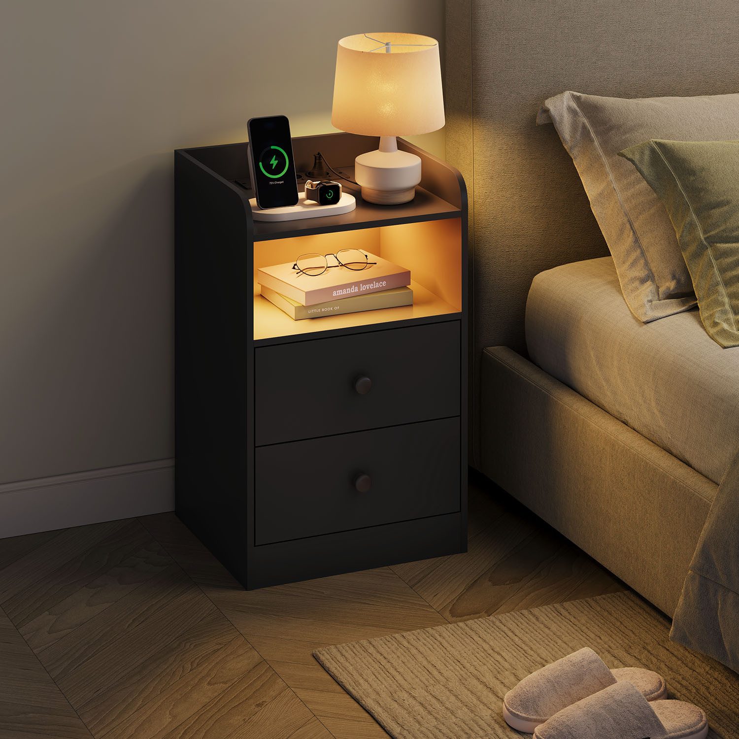 Woltu Nachttisch (1-St), Ladefunktion LED-Licht, 2 Steckdosen 2 USB