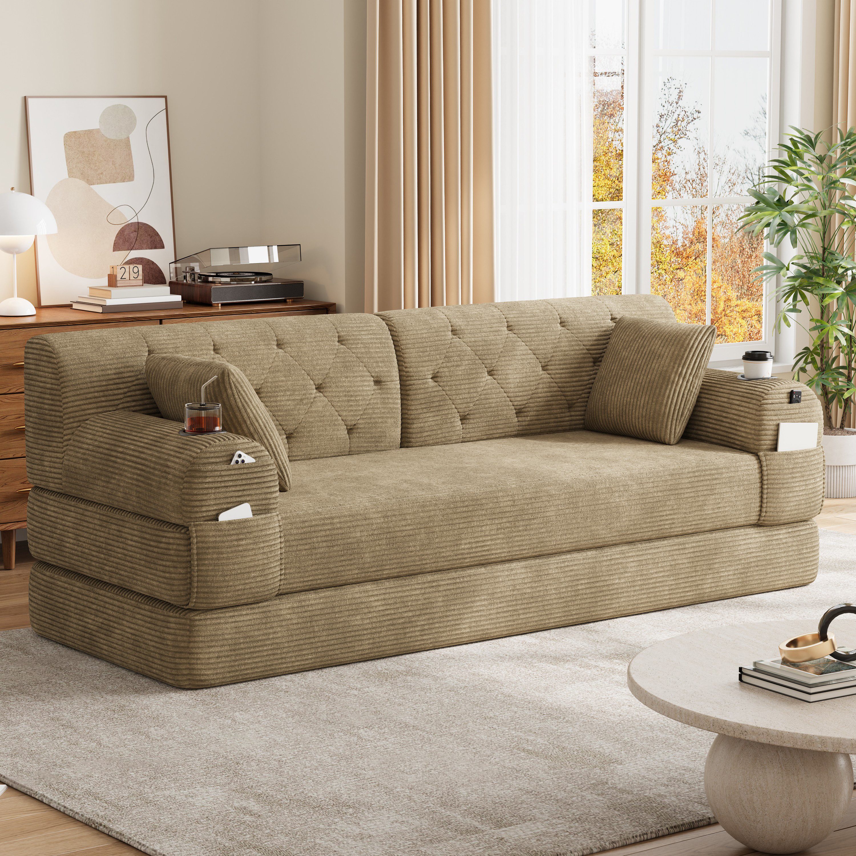 Celya Schlafsofa komprimiertes Cord Sofa mit hoher Rückenlehne, hochdichtem Schaumstoff, 2 Getränkehaltern und 4 Seitentaschen