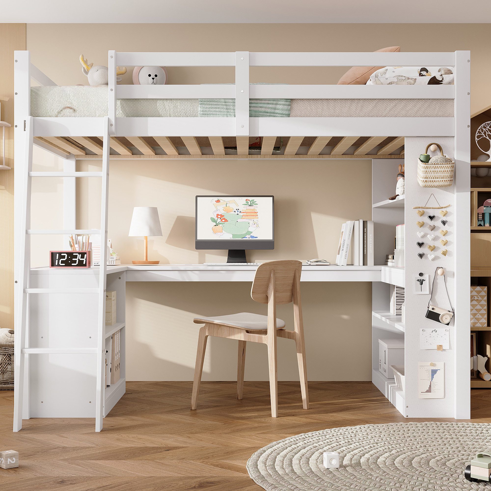 Flieks Hochbett Kinderbett 90x200cm mit Schreibtisch, Stauraumregal und Filzfläche