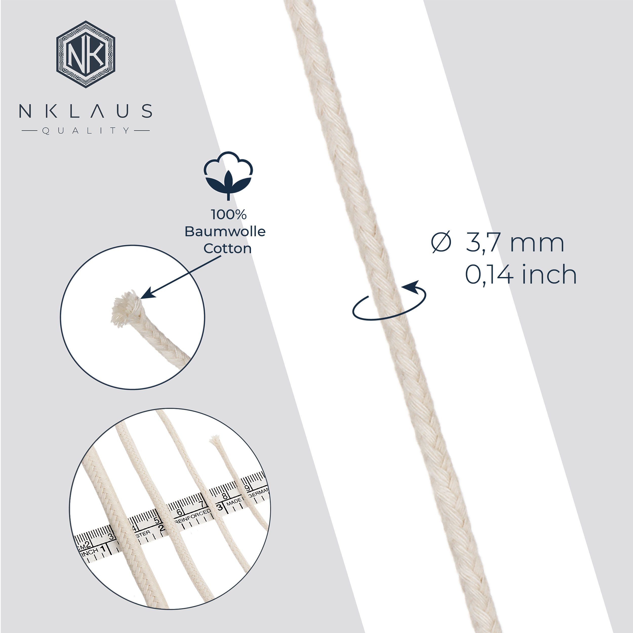 NKlaus Windlicht 3,7mm Baumwolle Runddocht meter 100% dünn 5 reine