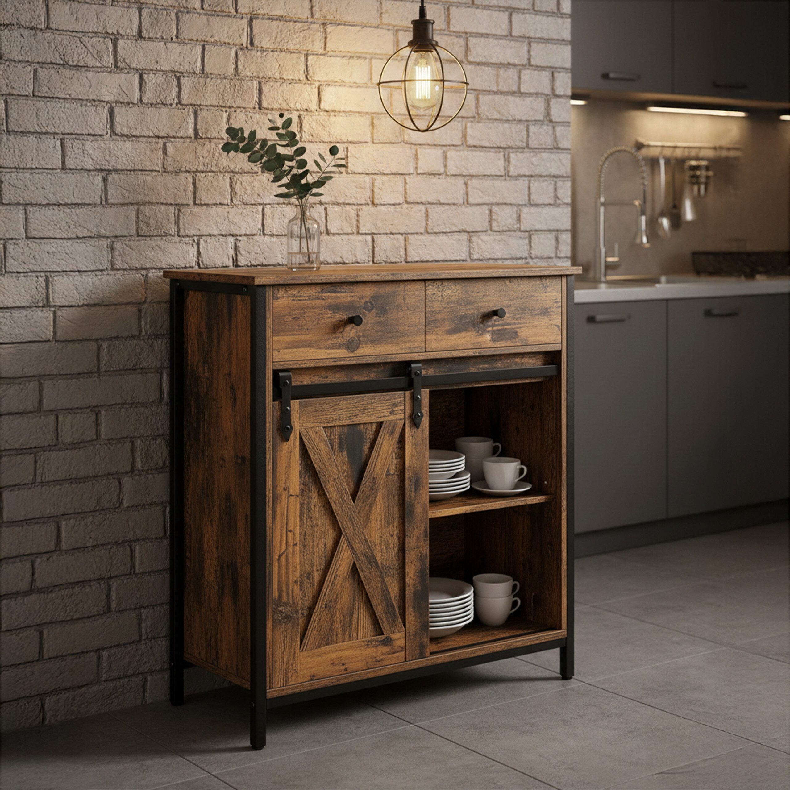 relaxdays Küchenbuffet Sideboard mit Schiebetür Vintagebraun günstig online kaufen
