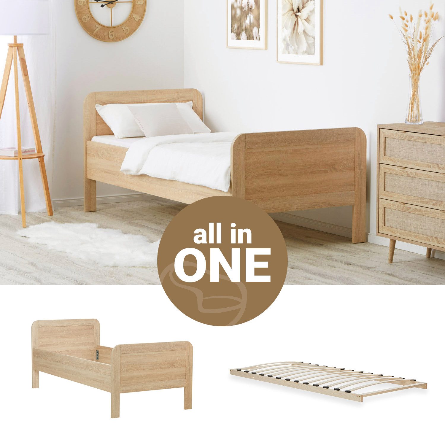 Homestyle4u Funktionsbett 90x200 Komfortbett Braun Natur / Weiß Kiefer Einz günstig online kaufen