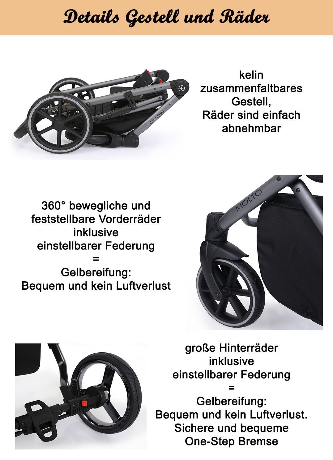 in von 2 schwarzes Designs in - Jahre 12 Kombi-Kinderwagen Molto babies-on-wheels 4 14 = 1 Grau-Dekor Gestell - Teile bis Geburt