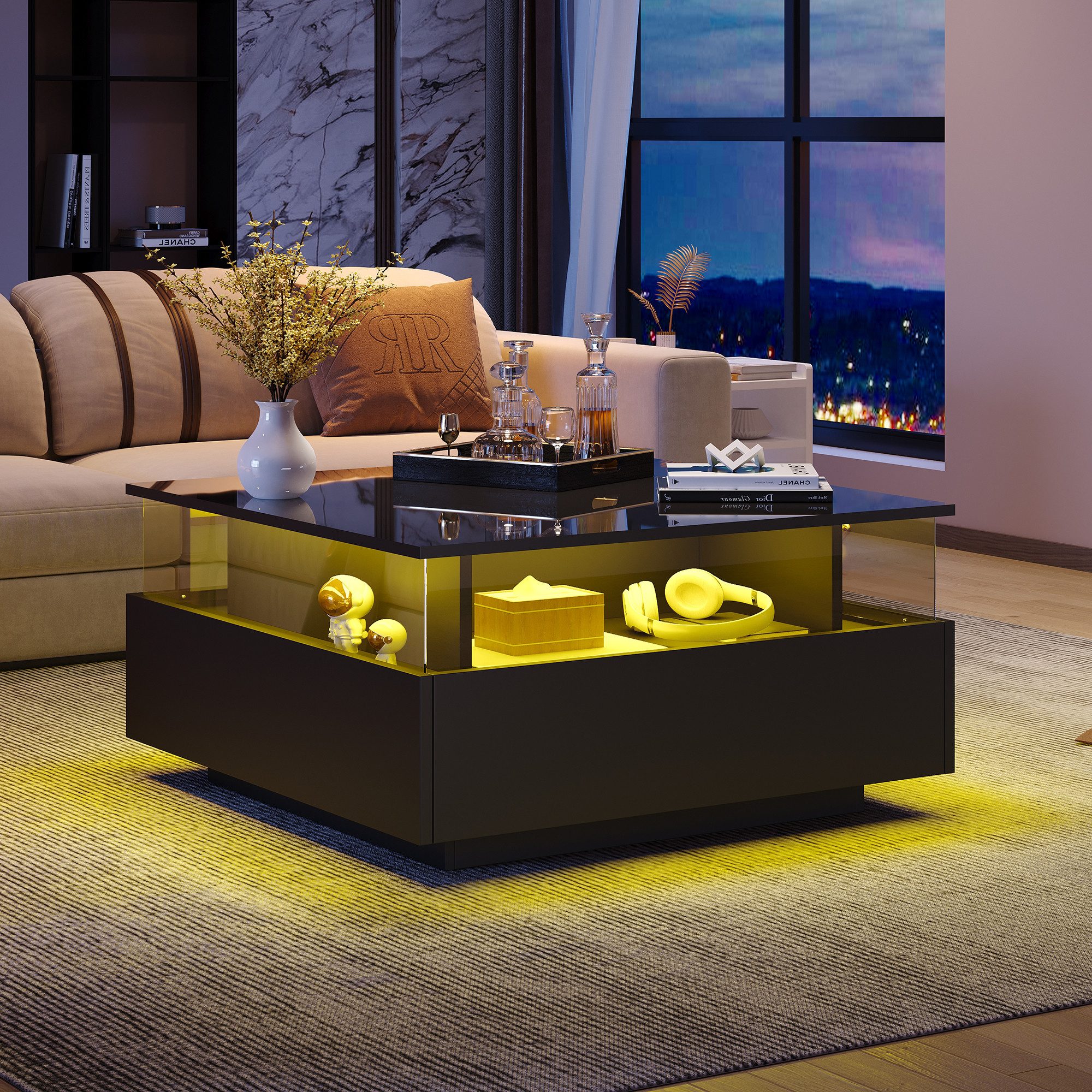 Merax Couchtisch Couchtisch hochglanz Wohnzimmertisch mit LED-Beleuchtung (Beistelltisch, Sofatisch, Kaffeetisch, L70/B70/H41 cm), Sofatisch mit 2 Schublade, gr – Bild 2 von 5