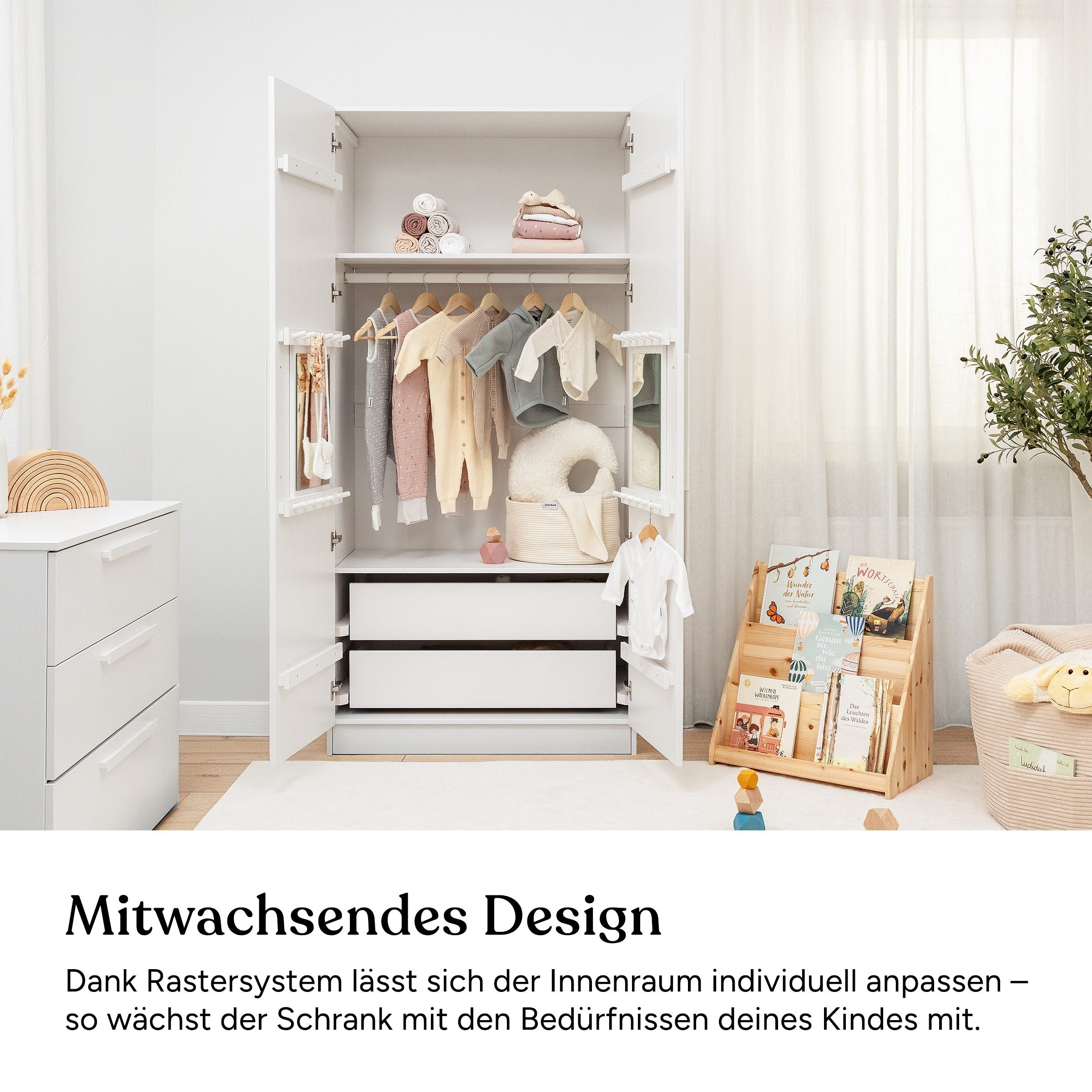 Ehrenkind Kleiderschrank Linia 100 cm aus Kiefernholz (inkl. Kleiderstange und 2 Einlegeböden, flexibel anpassbare Innenaufteilung für Kinderzimmer) mit Soft-Close-System, individiuelles Rastersystem