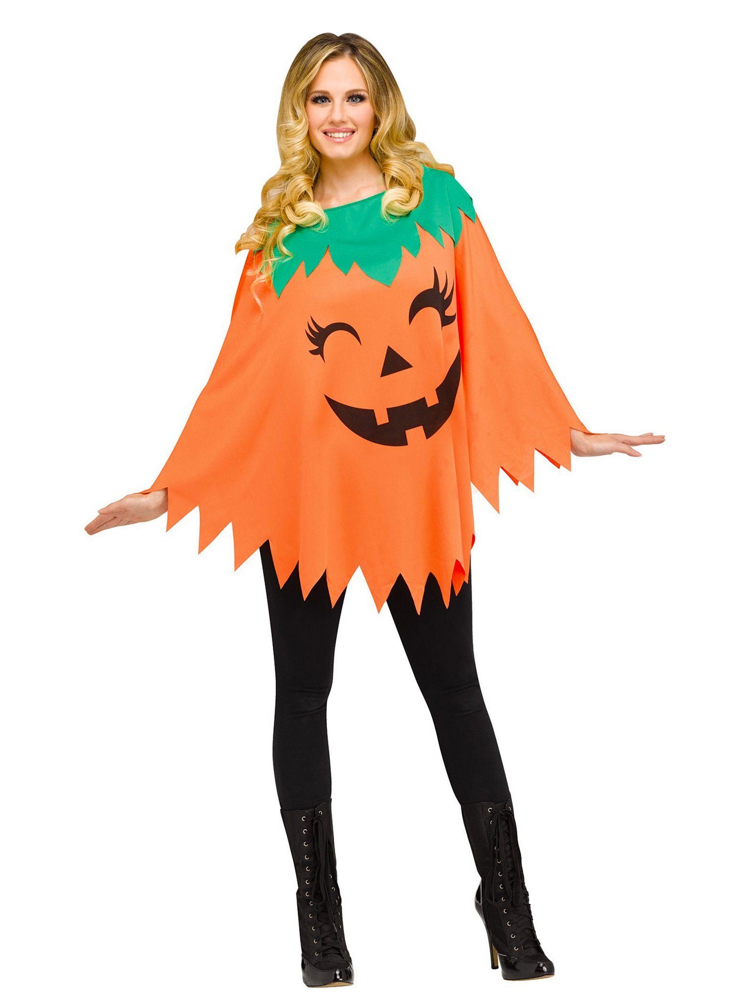 Fun World Kostüm Kürbis Poncho - Halloween Kostüm Damen, Lockerer Überwurf als schnelle Halloween-Verkleidung