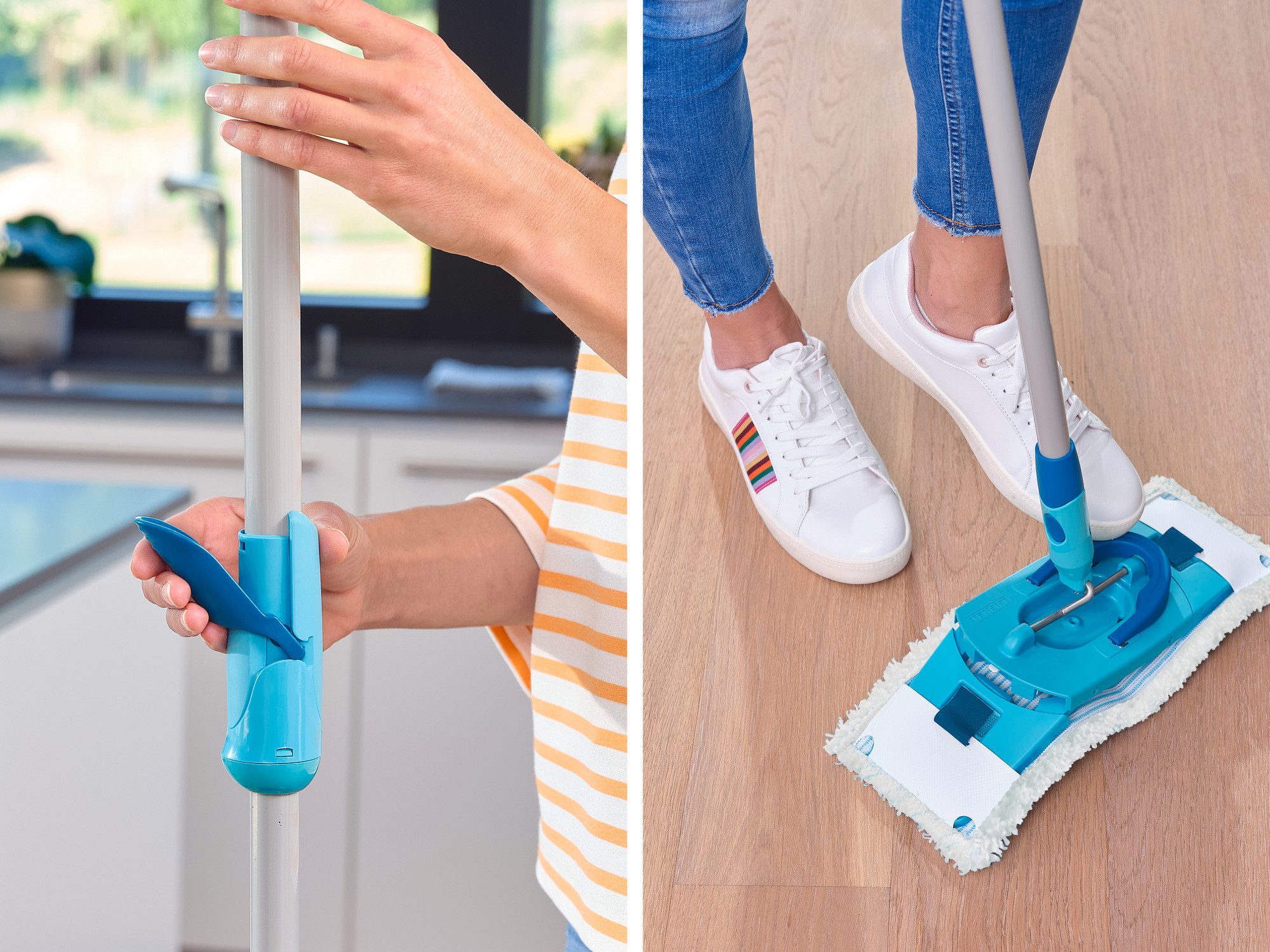 Leifheit Wischmopp Set CLEAN TWIST M Ergo micro duo + Kraftreiniger, Drill-Stiel-Mechanik, 360° Kardangelenk, längenverstellbar (110-140cm)