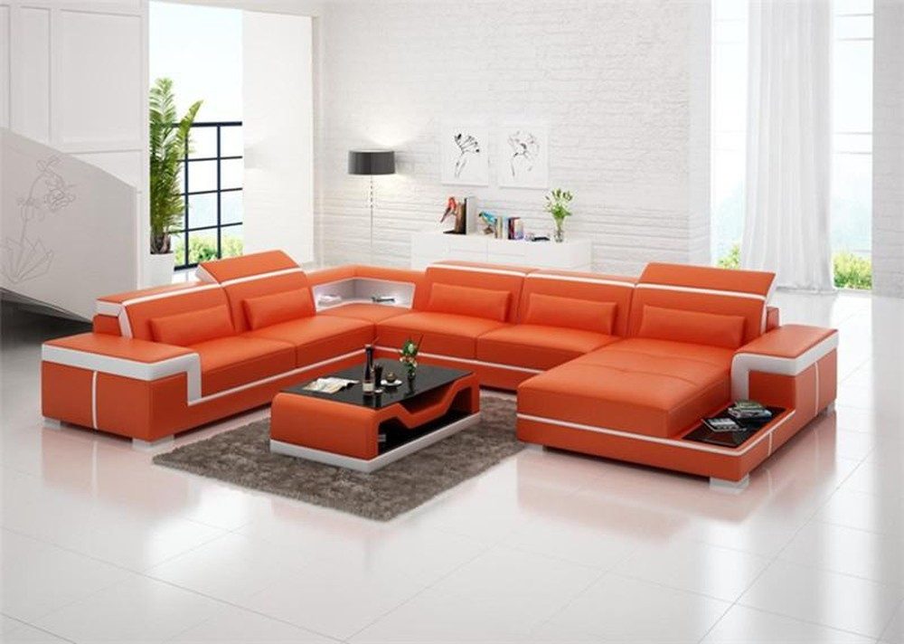 JVmoebel Wohnlandschaft Leder U-Form Sofa Garnitur in Orange mit verstellbarer Ottomane, Made in Europa