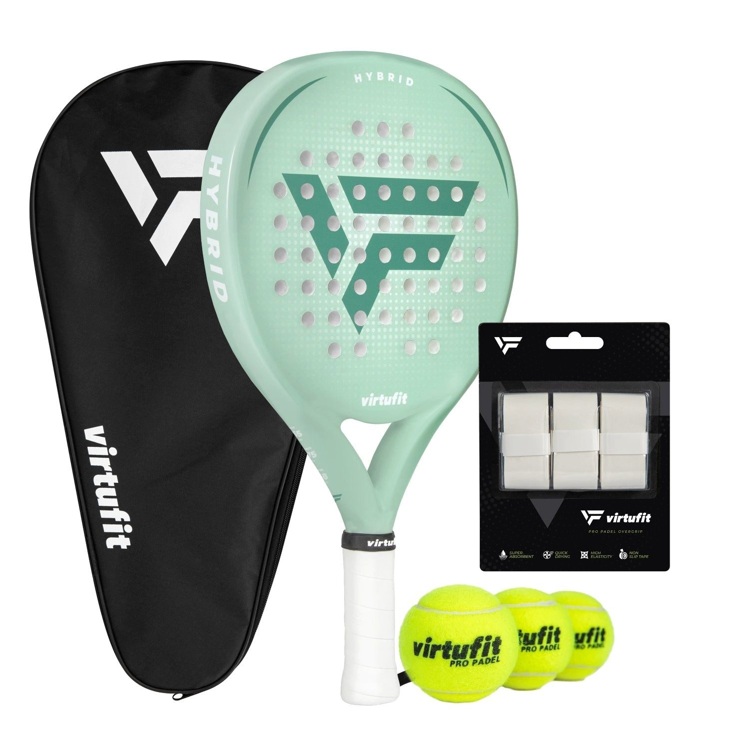 VirtuFit Padelschläger VirtuFit Hybrid Padel Set - Mintgrün - 3 Bälle - Overgrip