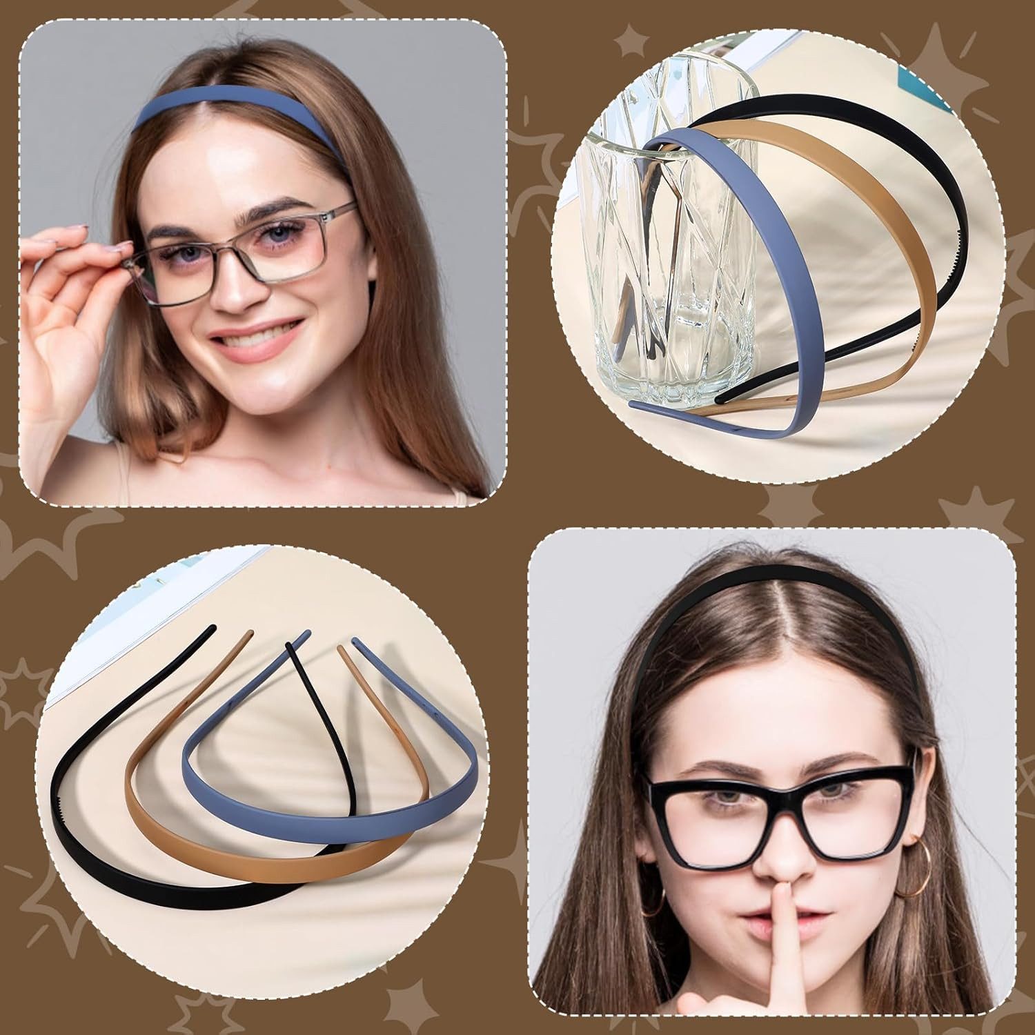Zaewry Haarband Flex-Haarreifen ohne Druck,Haarband,Dünne Haarreifen, Mattes Finish,Rutschfest mit Zähnen, 3-tlg., Haarreif für Brillenträger,Sonnenbrille Haarreifen