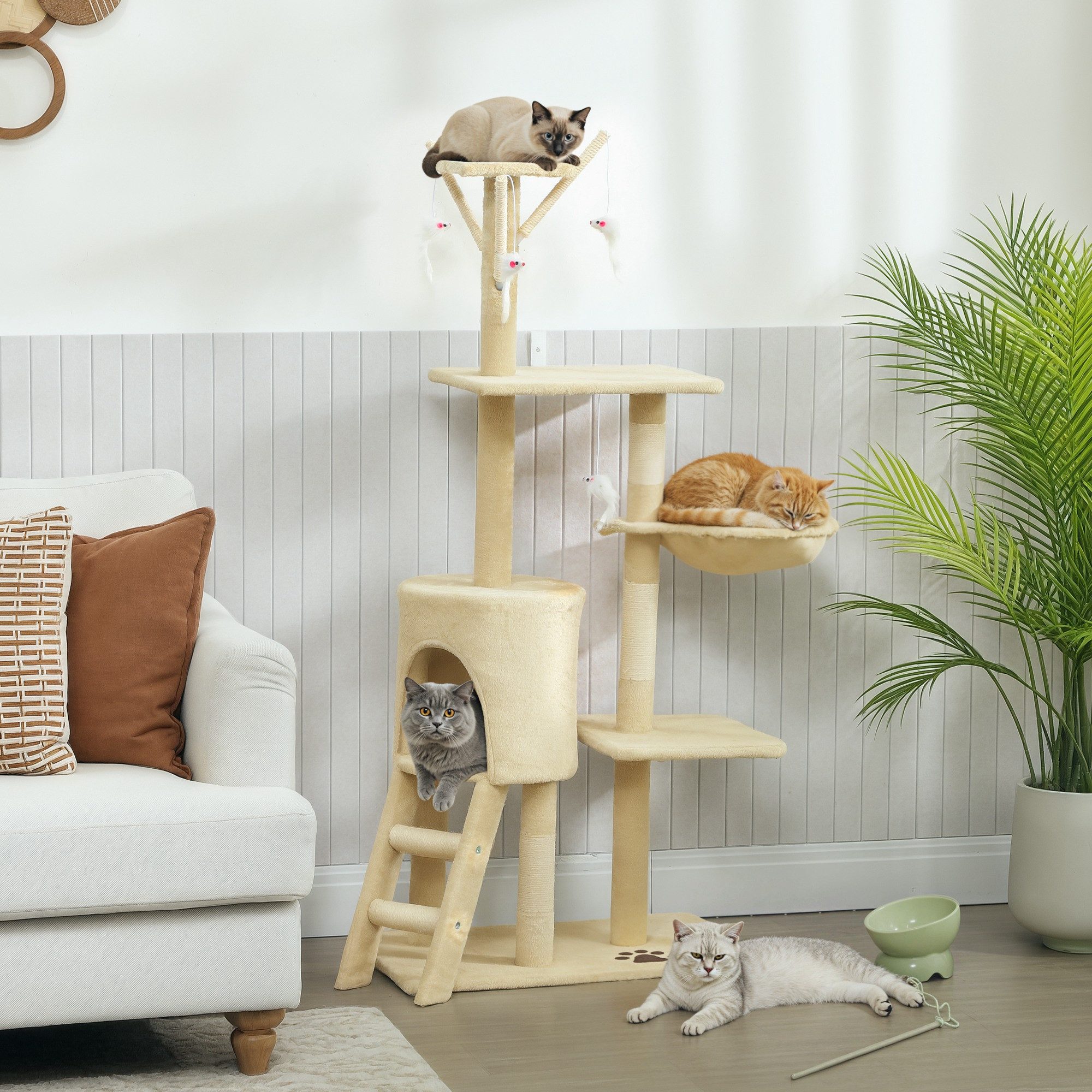 PawHut Kratzbaum Katzenbaum mit Höhle, Sisalstämme, große Plattform, Kratzbaum, für Katzen bis 5 kg, Beige