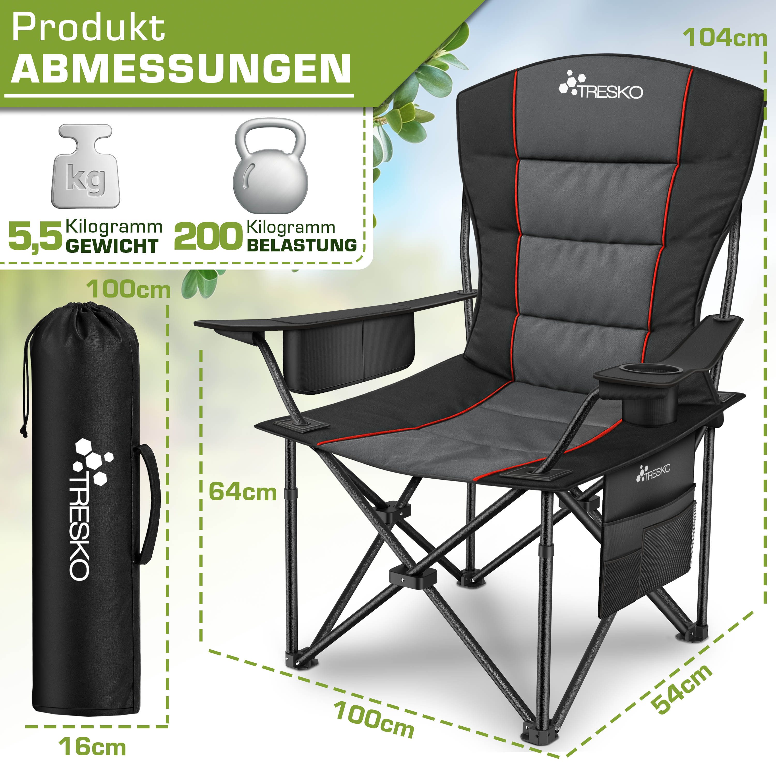 TRESKO Campingstuhl Faltbar bis 200kg Faltstuhl mit Kühltasche, Getränkehal günstig online kaufen