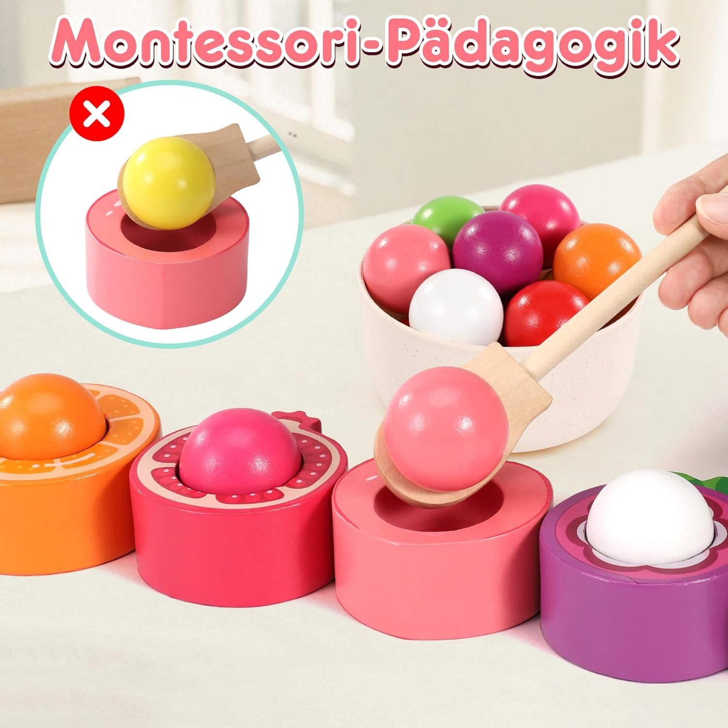 POPOLIC Lernspielzeug Montessori Spielzeug ab 1 2 3 Jahr, Baby Motorikspielzeug (Obst Holzspielzeug für Farbsortierung und Zählen), Geschenk für Mädchen Jungen 1 2 3 Jahre