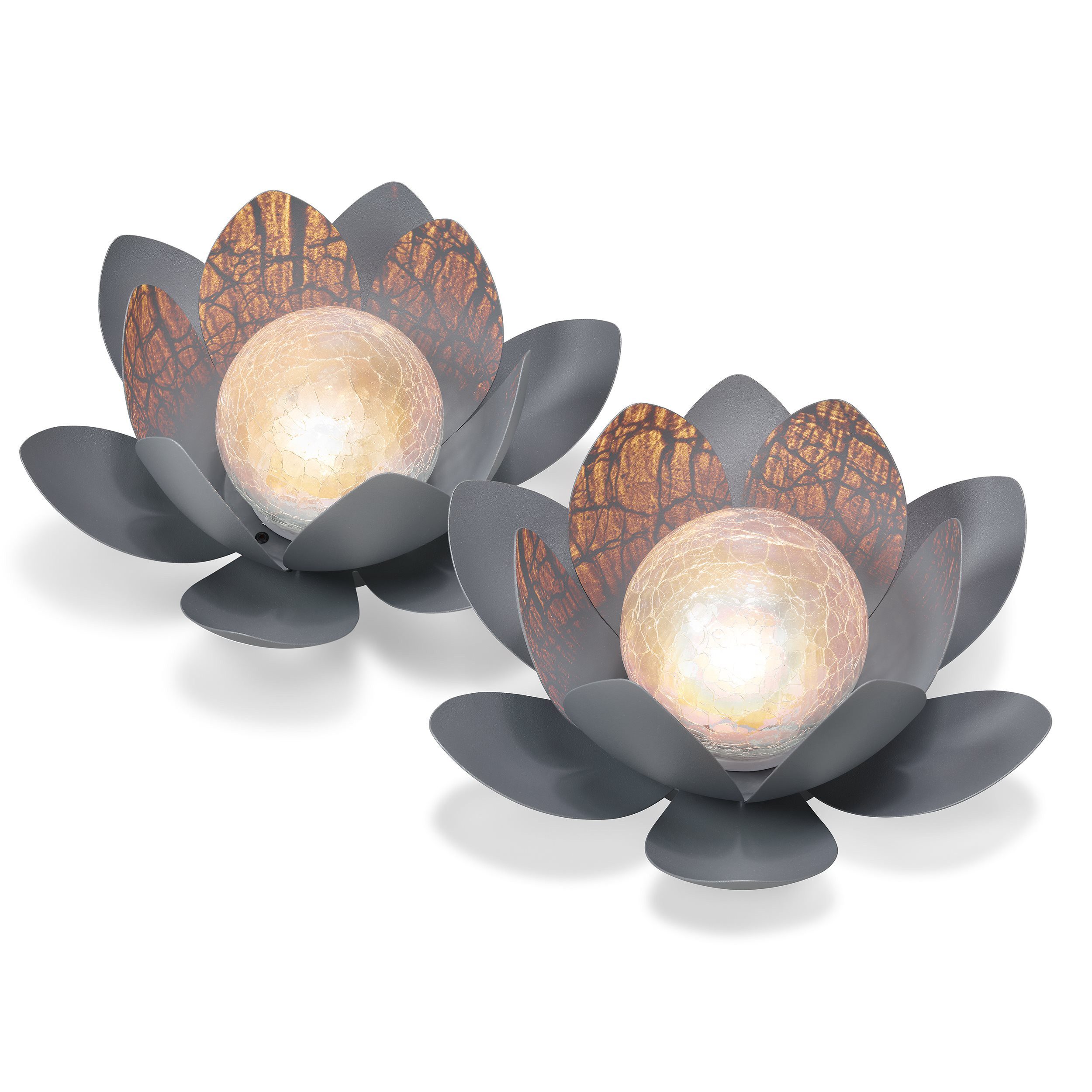 esotec LED Gartenleuchte Solar Dekoleuchten Lotusblüten 2er Set D=26cm 2700K warmweiß 102087, LED fest integriert