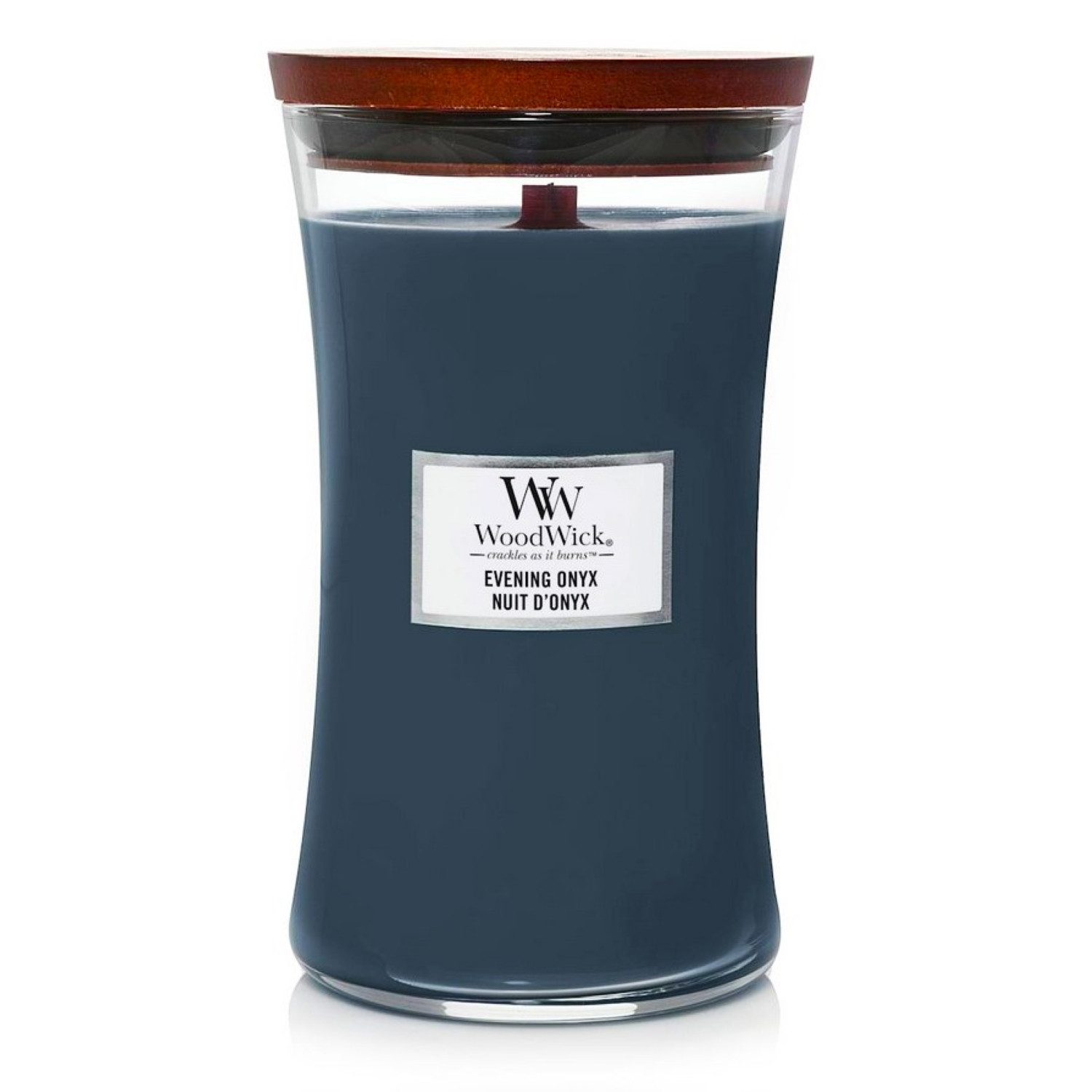 Woodwick Duftkerze Evening Onyx im großen Sanduhr Glas mit Holzdeckel, Large 610g, Mit Noten von Jasminblättern, schwarzer Orchidee und Sandelholz