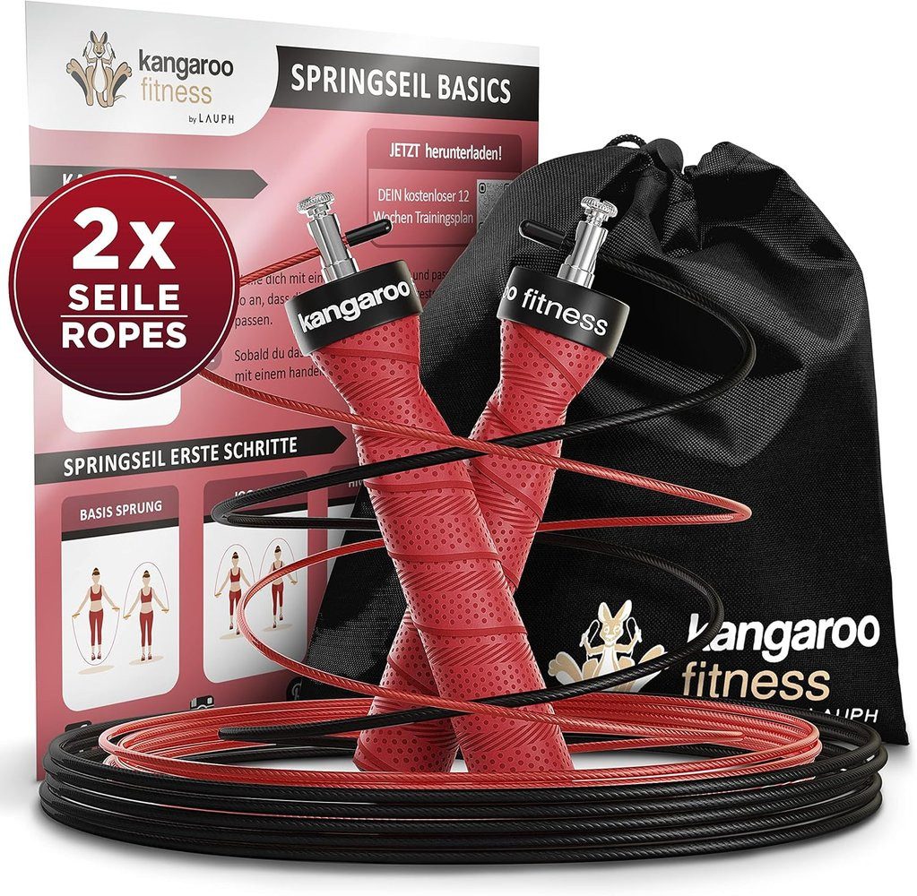 Kangaroo Fitness Springseil fitness Springseil 300cm rot/schwarz, mit Anti-Rutsch-Griffen Jumprope inkl.Trainingsplan für Mann & Frau