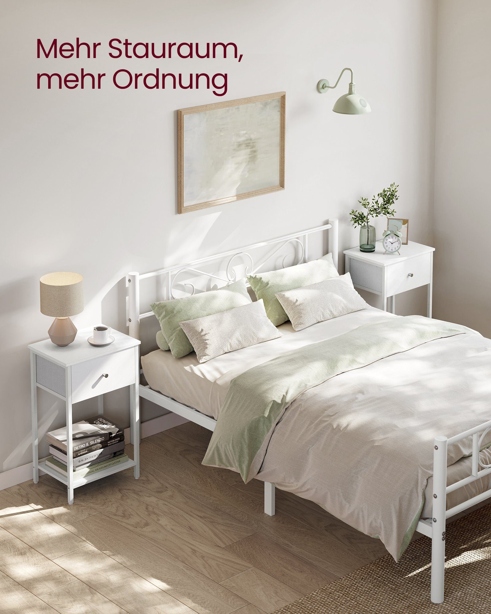 61 cm Nachttisch VASAGLE Ablage Weiß Stoff-Schublade, (1-St), mit hoher,mit