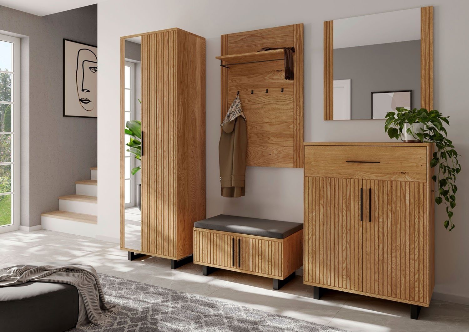 ELFO Schuhbank MARTHA, Braun, Eichenholz teilmassiv, 2 Holztüren, B 80 x H 47 x T 40 cm